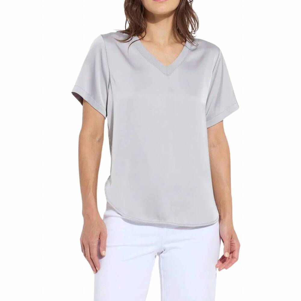 NEW LYSSE women's sonja v neck mix media top in pearl grey